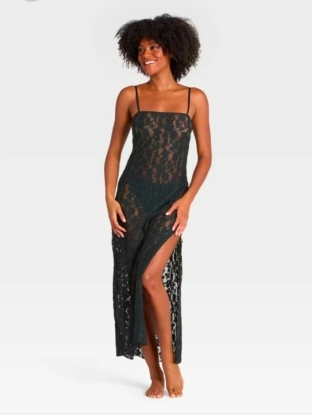 Auden Black Lace Maxi Dress Cover-Up Sheer Slip Dress Side Slit Women’s S NWT